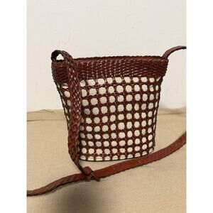 Talbots Crossbody Bag Womens Small Brown Leather Woven Linen Bucket Purse
